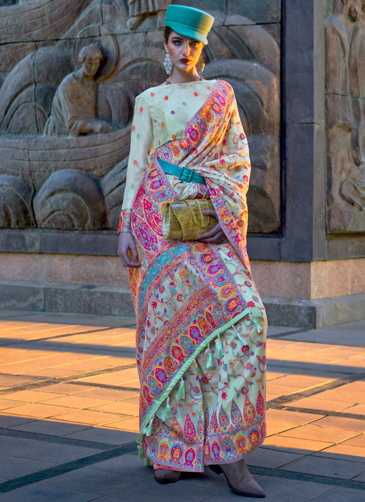 Baby Blue Kashmiri Kani Silk Saree with Pretty Blouse
