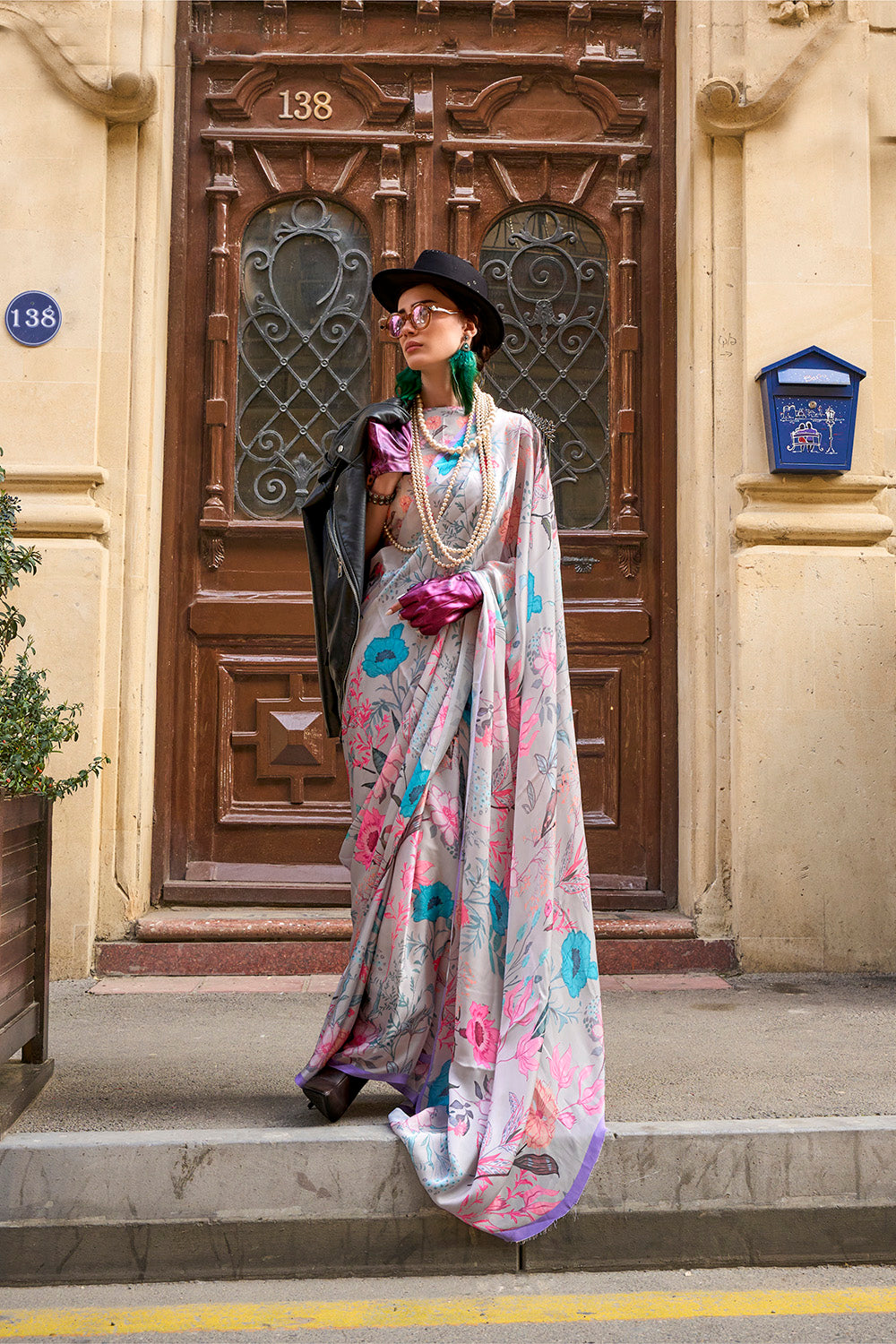 Grey & Multicolored Printed Saree with Pretty Blouse