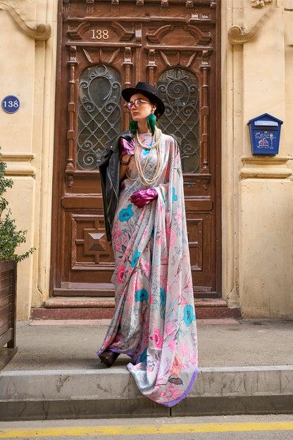 Grey & Multicolored Printed Saree with Pretty Blouse