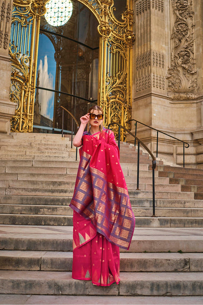 Imperial Red & Golden Border Banarasi Silk Saree with Purple Pretty Blouse