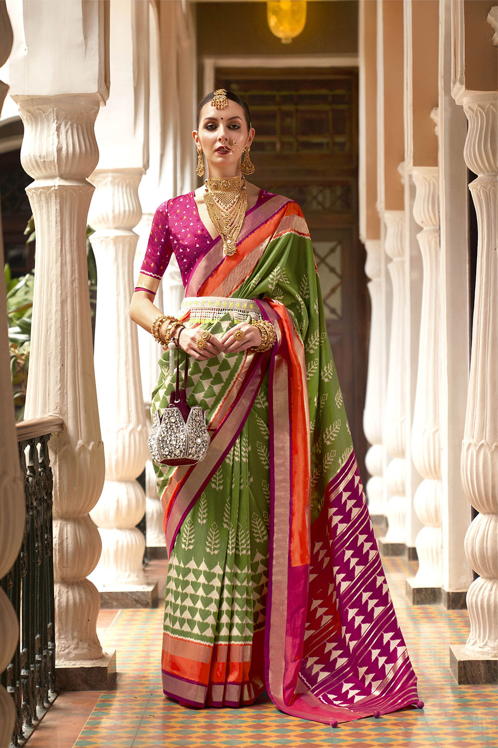Kelly Green & Hot Pink Border Patola Saree with Pink Fancy Blouse