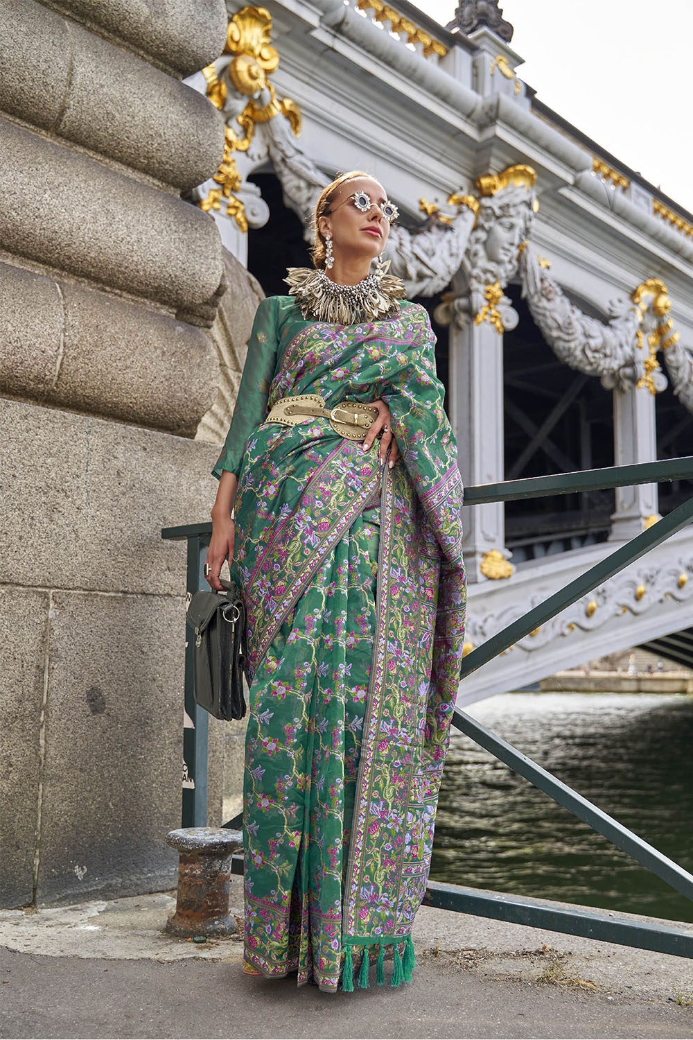 Jungle Green Floral Border Kashmiri Silk Saree with Pretty Blouse