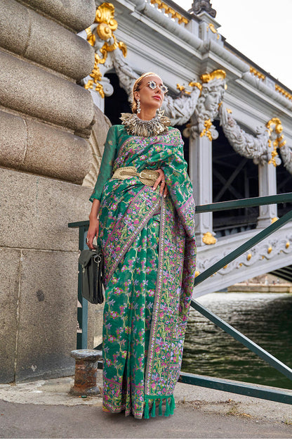 Jungle Green Floral Border Kashmiri Silk Saree with Pretty Blouse