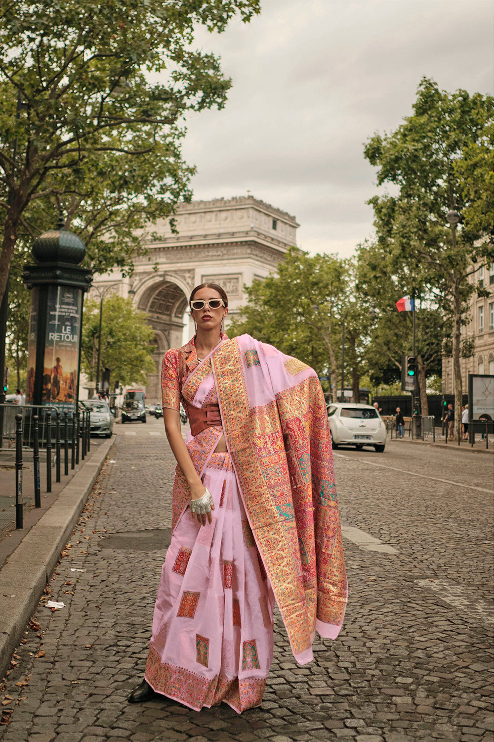 Carnation Pink Kashmiri Silk Saree with Heavy Designer Blouse
