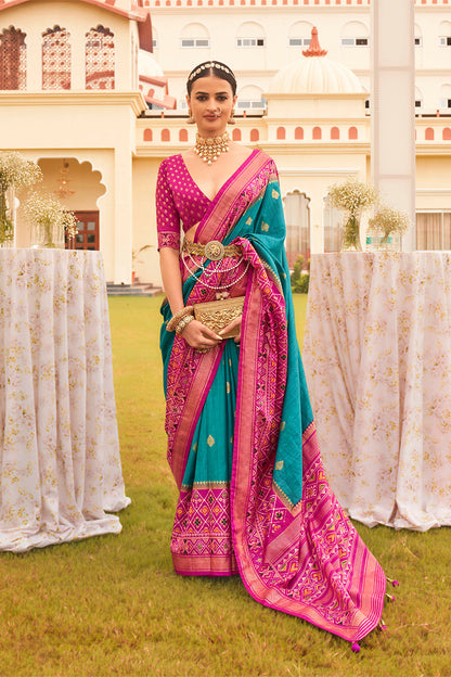 Magenta Pink & Olympic Ikkat Patola Saree with Pretty Blouse