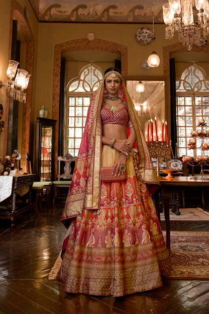 Orange Pink Maharani Style Soft Silk Designer Lahenga Choli for Woman
