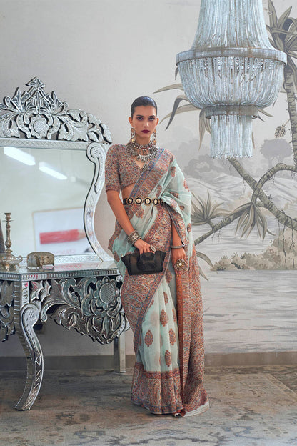 Sky Blue & Designer Border Kashmiri Kani Saree with Pretty Blouse