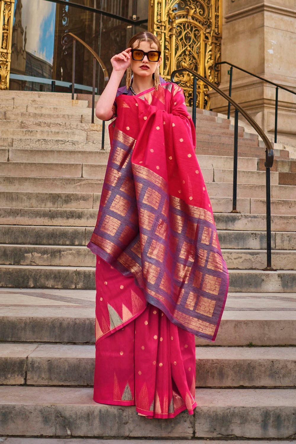 Imperial Red & Golden Border Banarasi Silk Saree with Purple Pretty Blouse