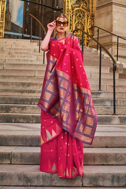 Imperial Red & Golden Border Banarasi Silk Saree with Purple Pretty Blouse