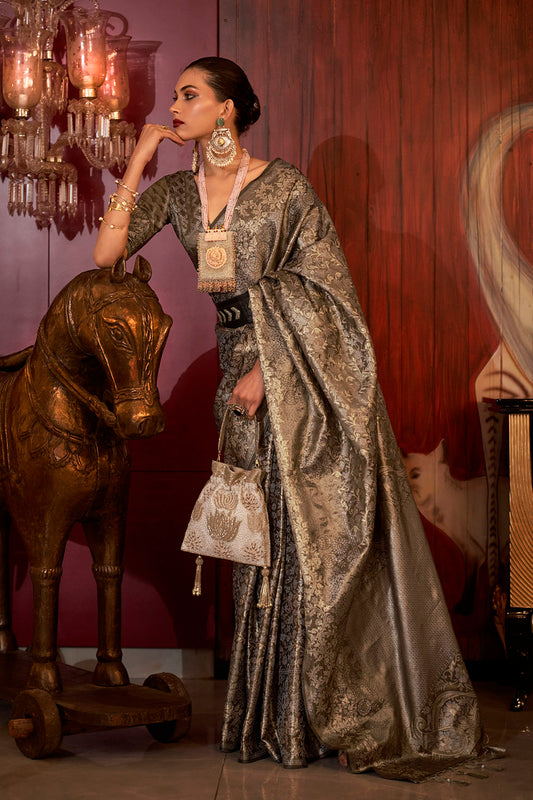Black Antique Silver Kanjeevaram Silk Saree with Same Colored Designer Blouse
