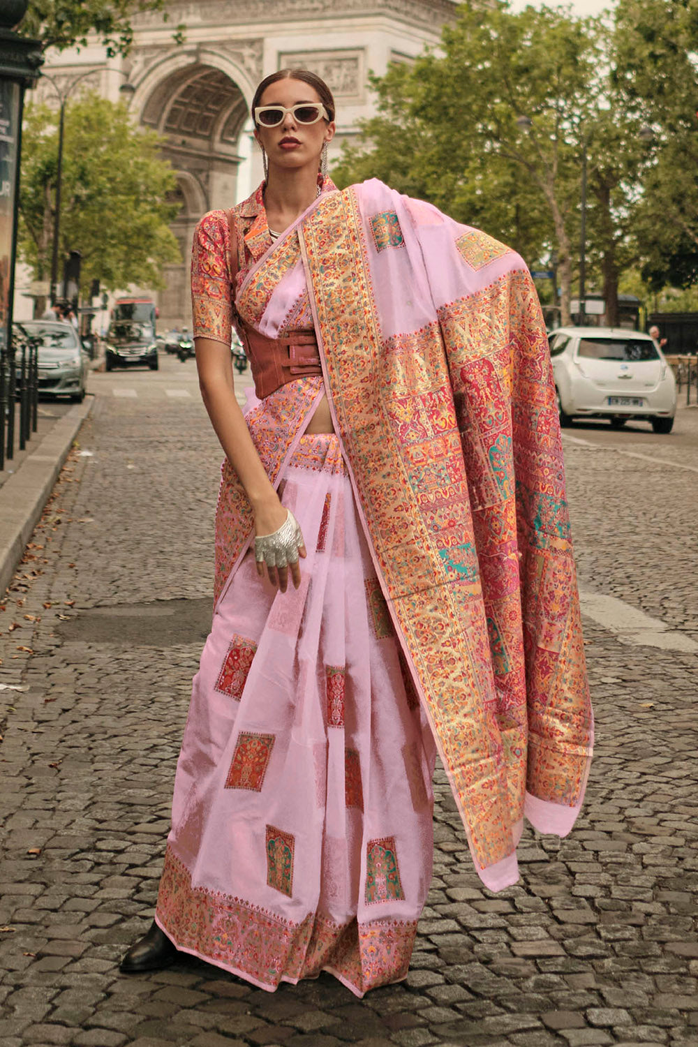 Carnation Pink Kashmiri Silk Saree with Heavy Designer Blouse