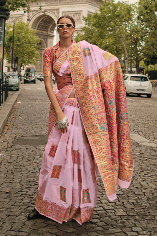 Carnation Pink Kashmiri Silk Saree with Heavy Designer Blouse