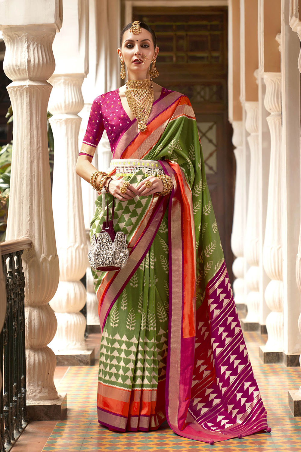 Kelly Green & Hot Pink Border Patola Saree with Pink Fancy Blouse