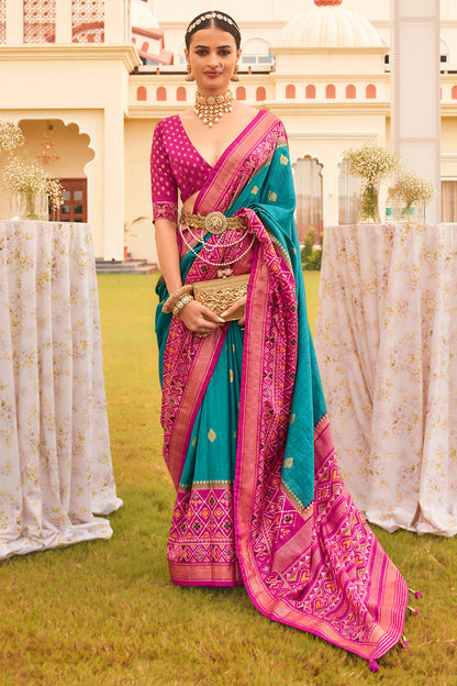 Magenta Pink & Olympic Ikkat Patola Saree with Pretty Blouse