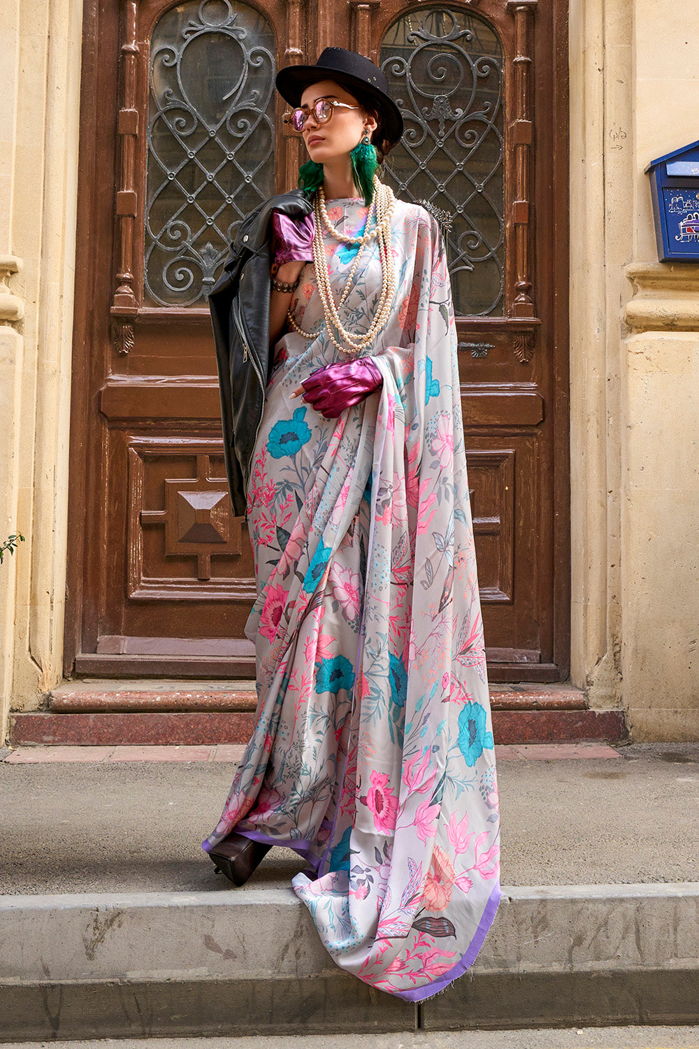Grey & Multicolored Printed Saree with Pretty Blouse