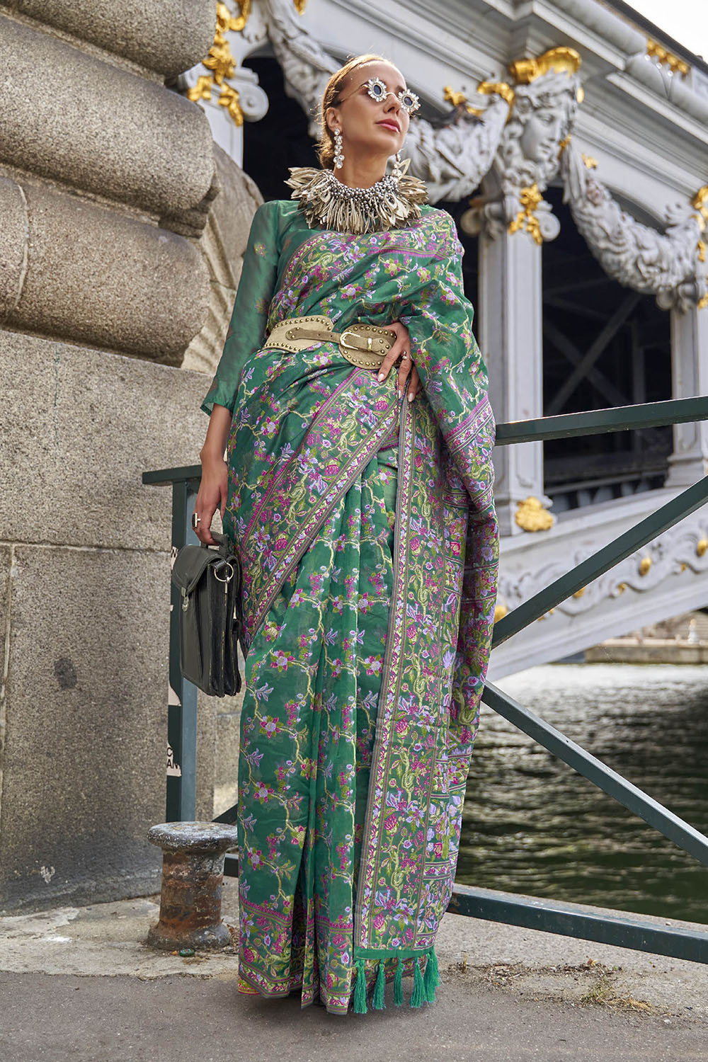 Jungle Green Floral Border Kashmiri Silk Saree with Pretty Blouse