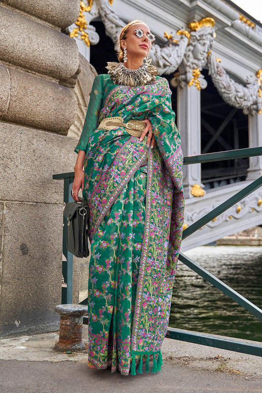 Jungle Green Floral Border Kashmiri Silk Saree with Pretty Blouse