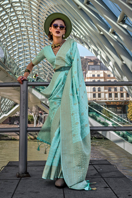 Baby Blue & Golden Banarasi Silk Saree with Designer Same Colored Blouse