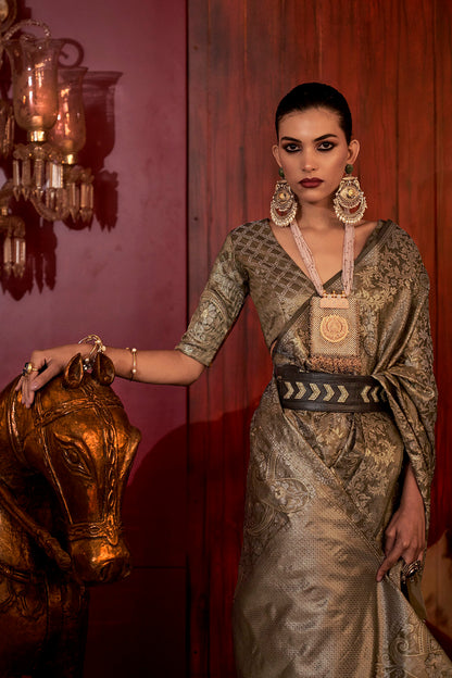 Black Antique Silver Kanjeevaram Silk Saree with Same Colored Designer Blouse