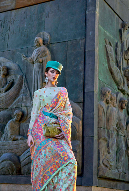 Baby Blue Kashmiri Kani Silk Saree with Pretty Blouse