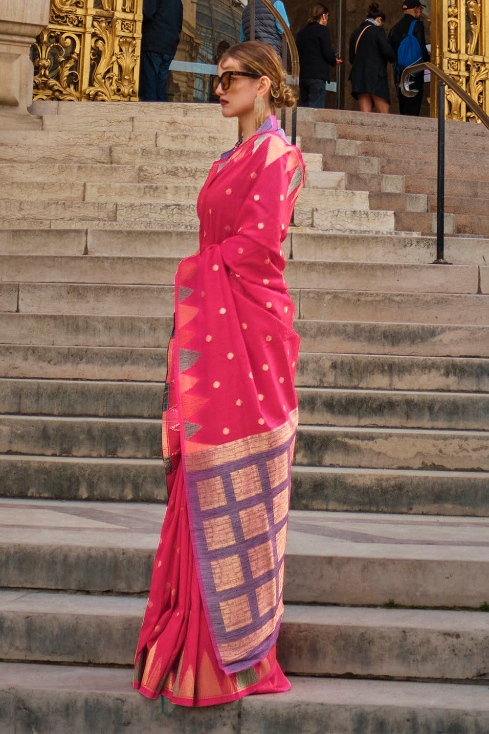 Imperial Red & Golden Border Banarasi Silk Saree with Purple Pretty Blouse