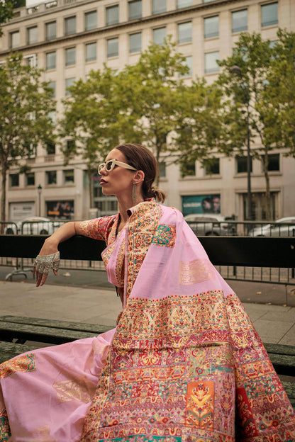Carnation Pink Kashmiri Silk Saree with Heavy Designer Blouse