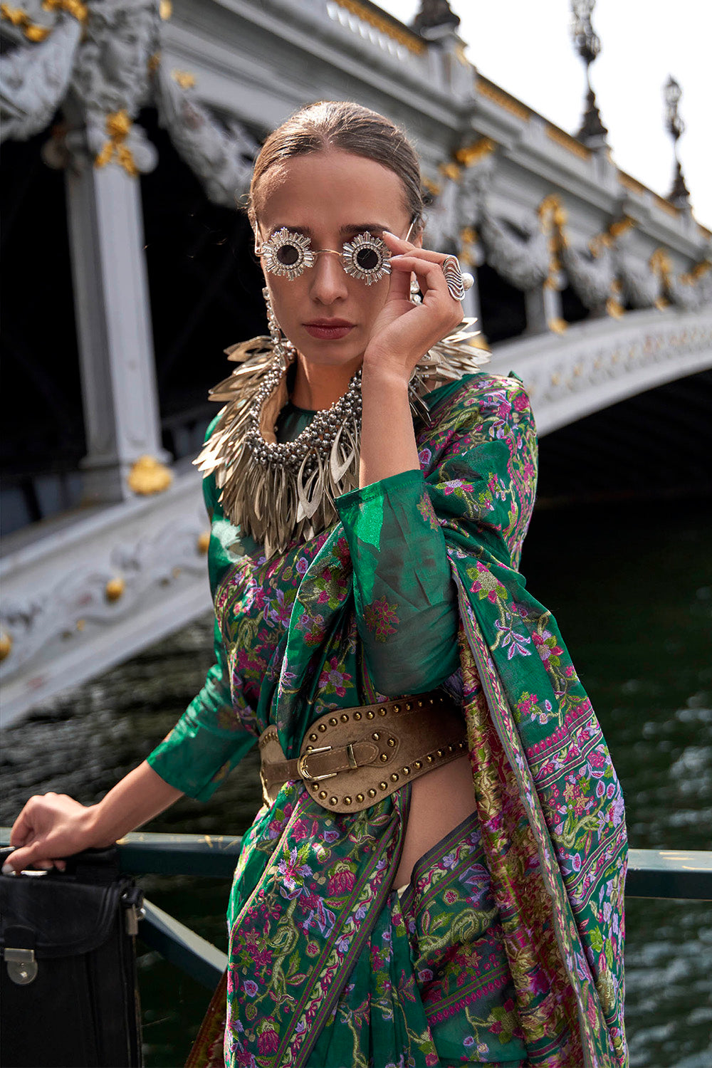 Jungle Green Floral Border Kashmiri Silk Saree with Pretty Blouse