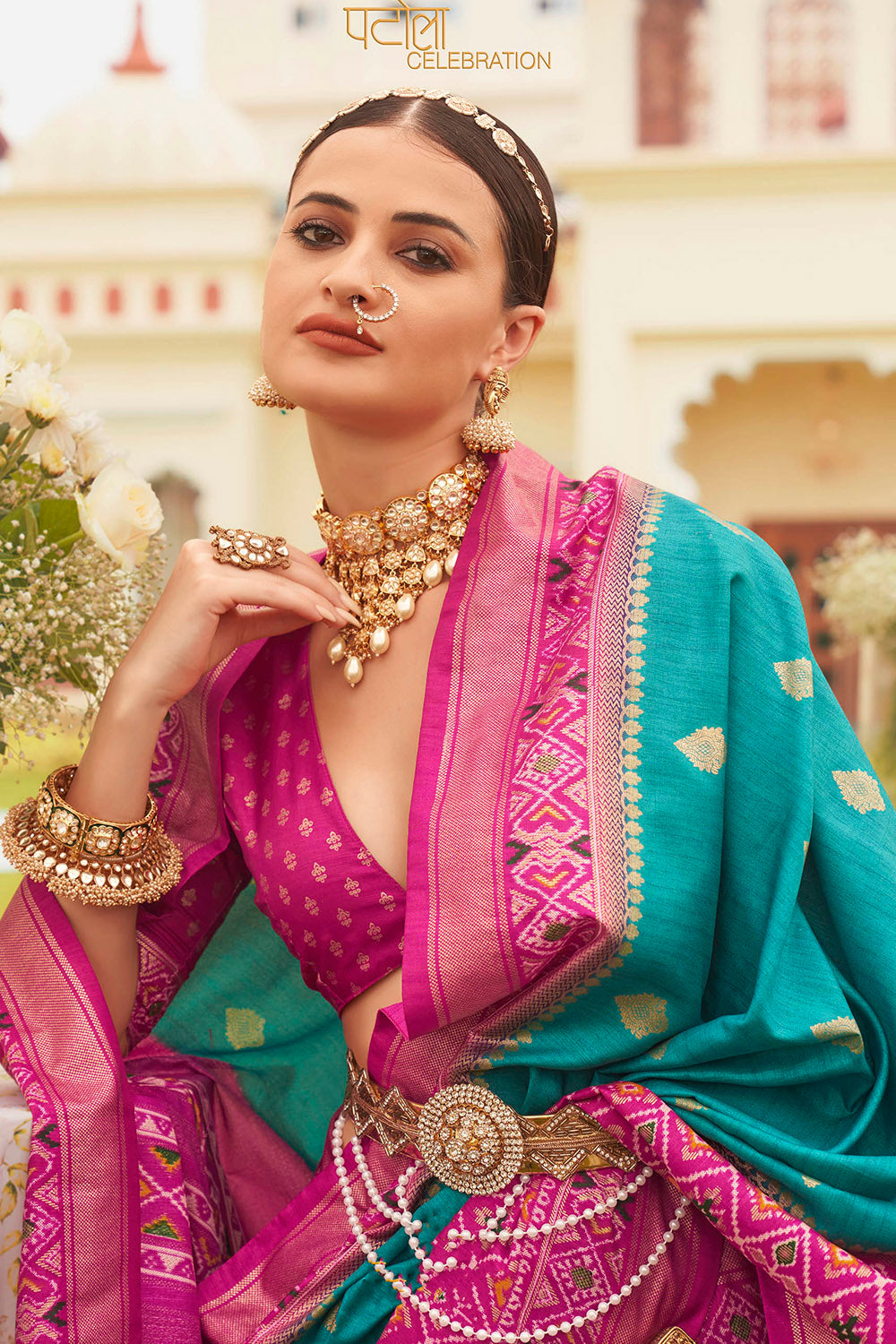 Magenta Pink & Olympic Ikkat Patola Saree with Pretty Blouse