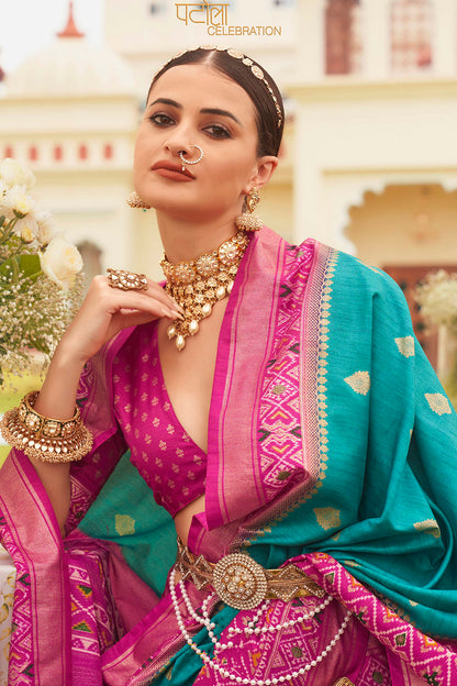Magenta Pink & Olympic Ikkat Patola Saree with Pretty Blouse
