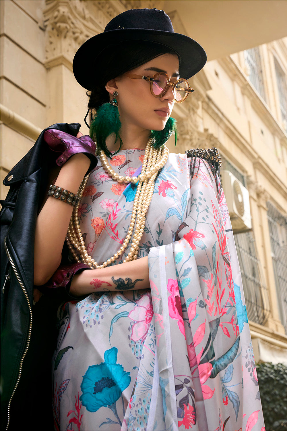 Grey & Multicolored Printed Saree with Pretty Blouse