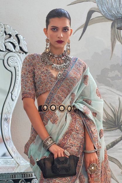 Sky Blue & Designer Border Kashmiri Kani Saree with Pretty Blouse
