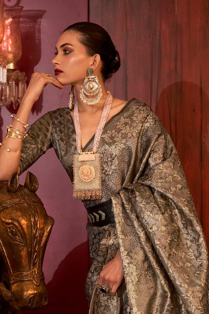 Black Antique Silver Kanjeevaram Silk Saree with Same Colored Designer Blouse