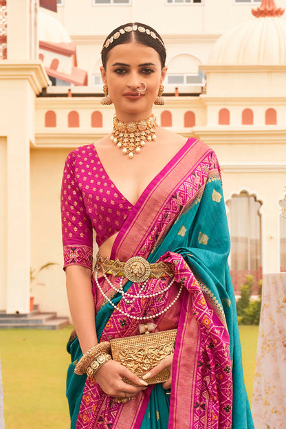 Magenta Pink & Olympic Ikkat Patola Saree with Pretty Blouse