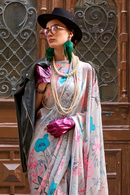 Grey & Multicolored Printed Saree with Pretty Blouse