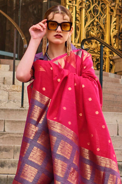 Imperial Red & Golden Border Banarasi Silk Saree with Purple Pretty Blouse
