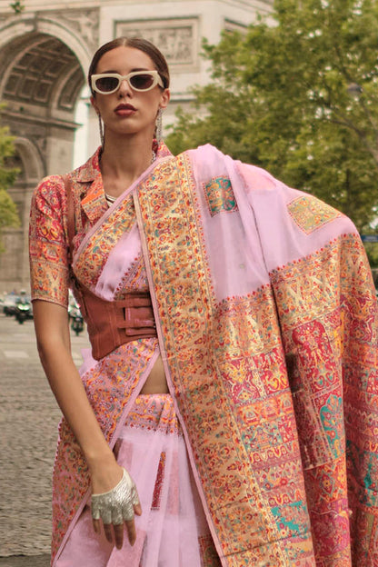 Carnation Pink Kashmiri Silk Saree with Heavy Designer Blouse