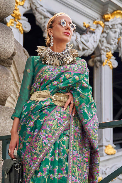 Jungle Green Floral Border Kashmiri Silk Saree with Pretty Blouse