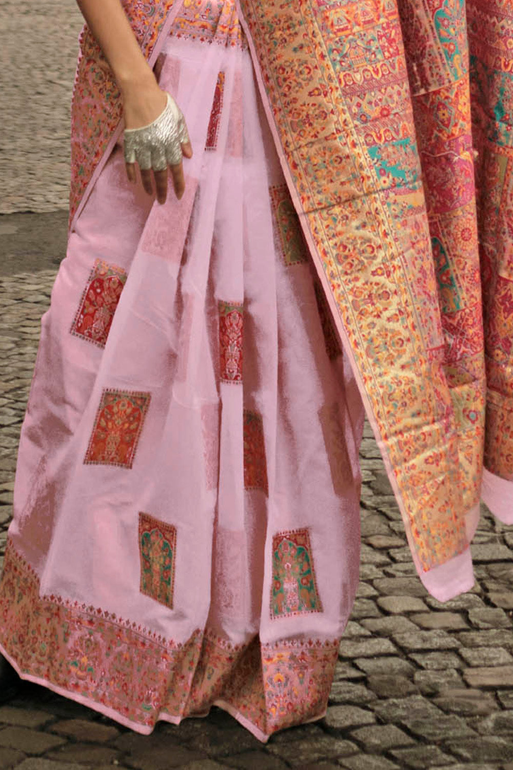 Carnation Pink Kashmiri Silk Saree with Heavy Designer Blouse
