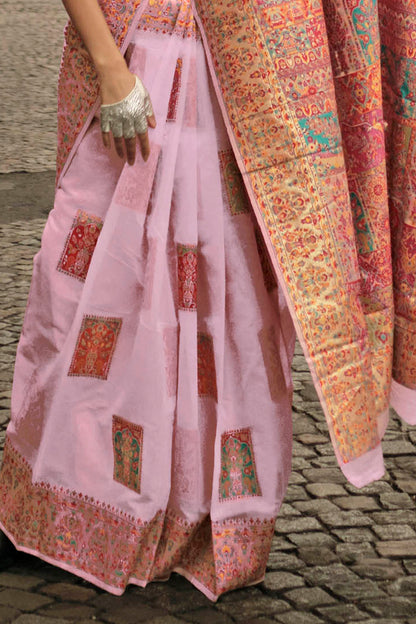 Carnation Pink Kashmiri Silk Saree with Heavy Designer Blouse
