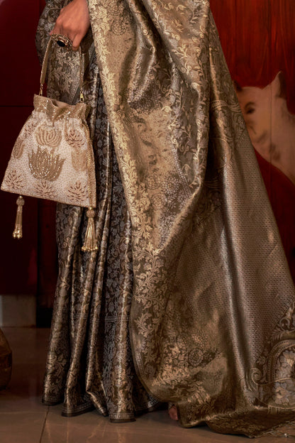 Black Antique Silver Kanjeevaram Silk Saree with Same Colored Designer Blouse