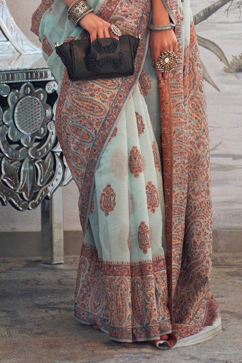 Sky Blue & Designer Border Kashmiri Kani Saree with Pretty Blouse