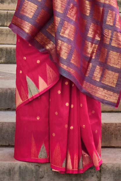 Imperial Red & Golden Border Banarasi Silk Saree with Purple Pretty Blouse