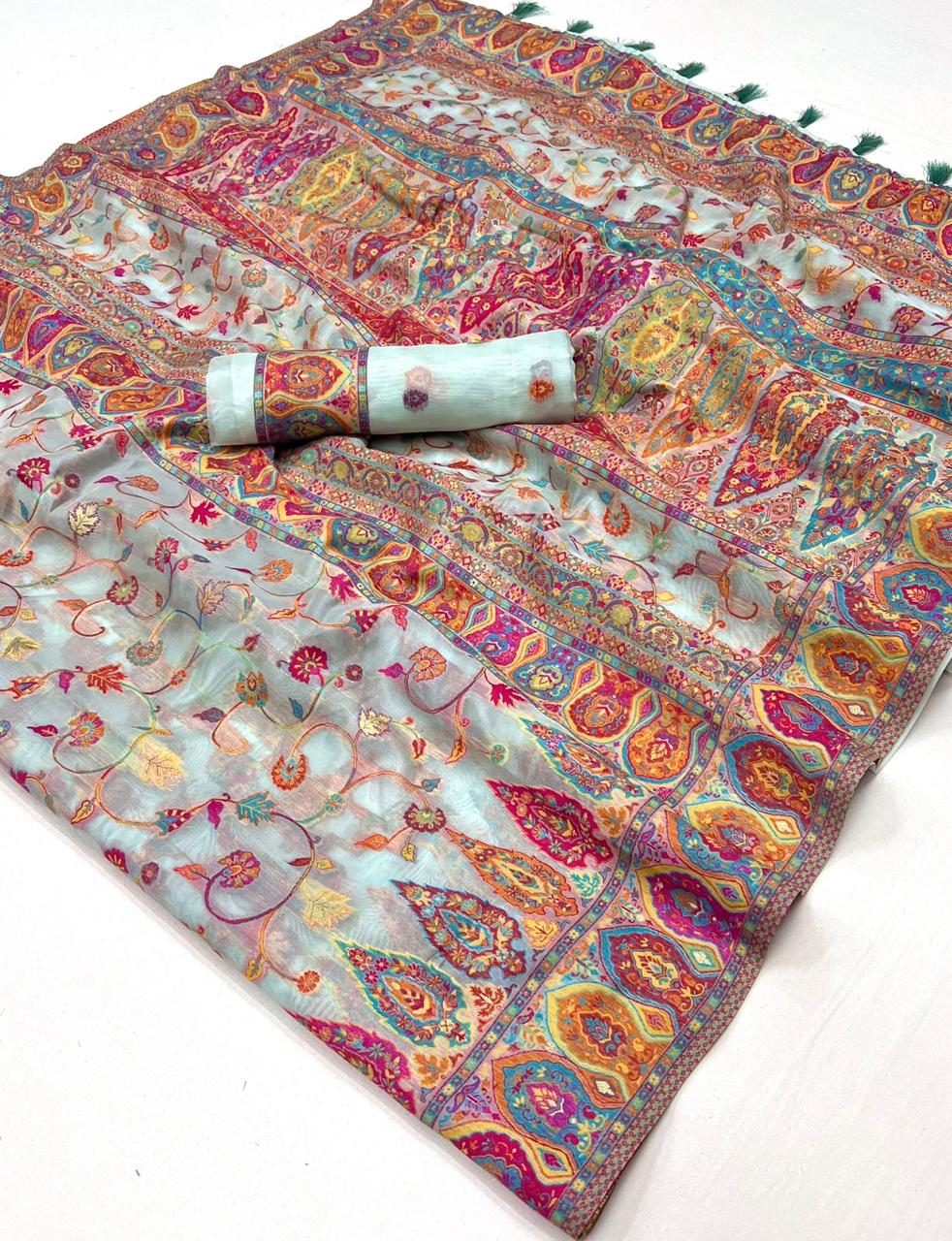 Baby Blue Kashmiri Kani Silk Saree with Pretty Blouse