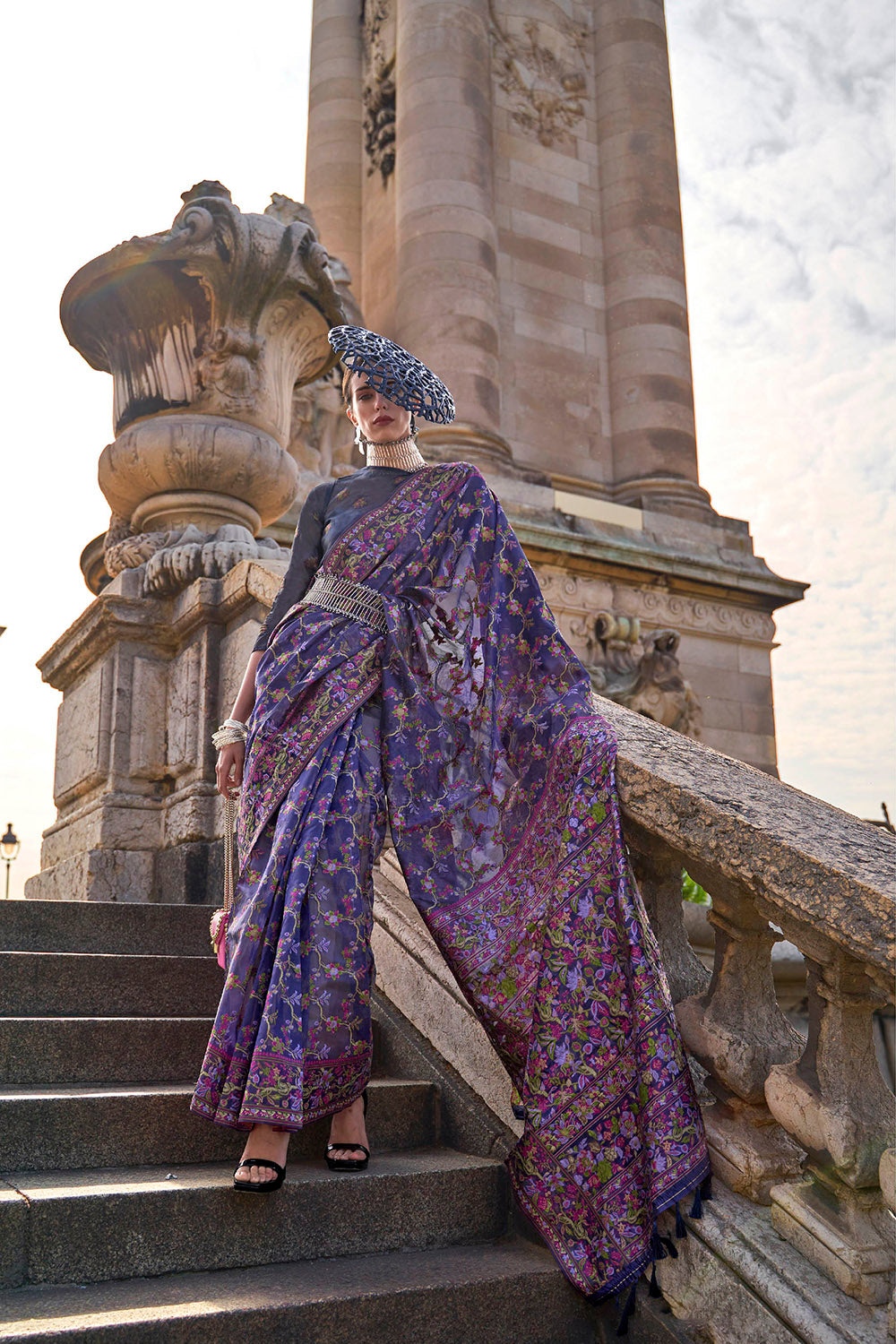 Voilet Purple Floral Designer Kashmiri Silk Saree with Same Colored Blouse