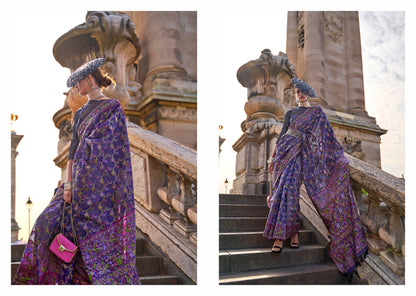 Voilet Purple Floral Designer Kashmiri Silk Saree with Same Colored Blouse