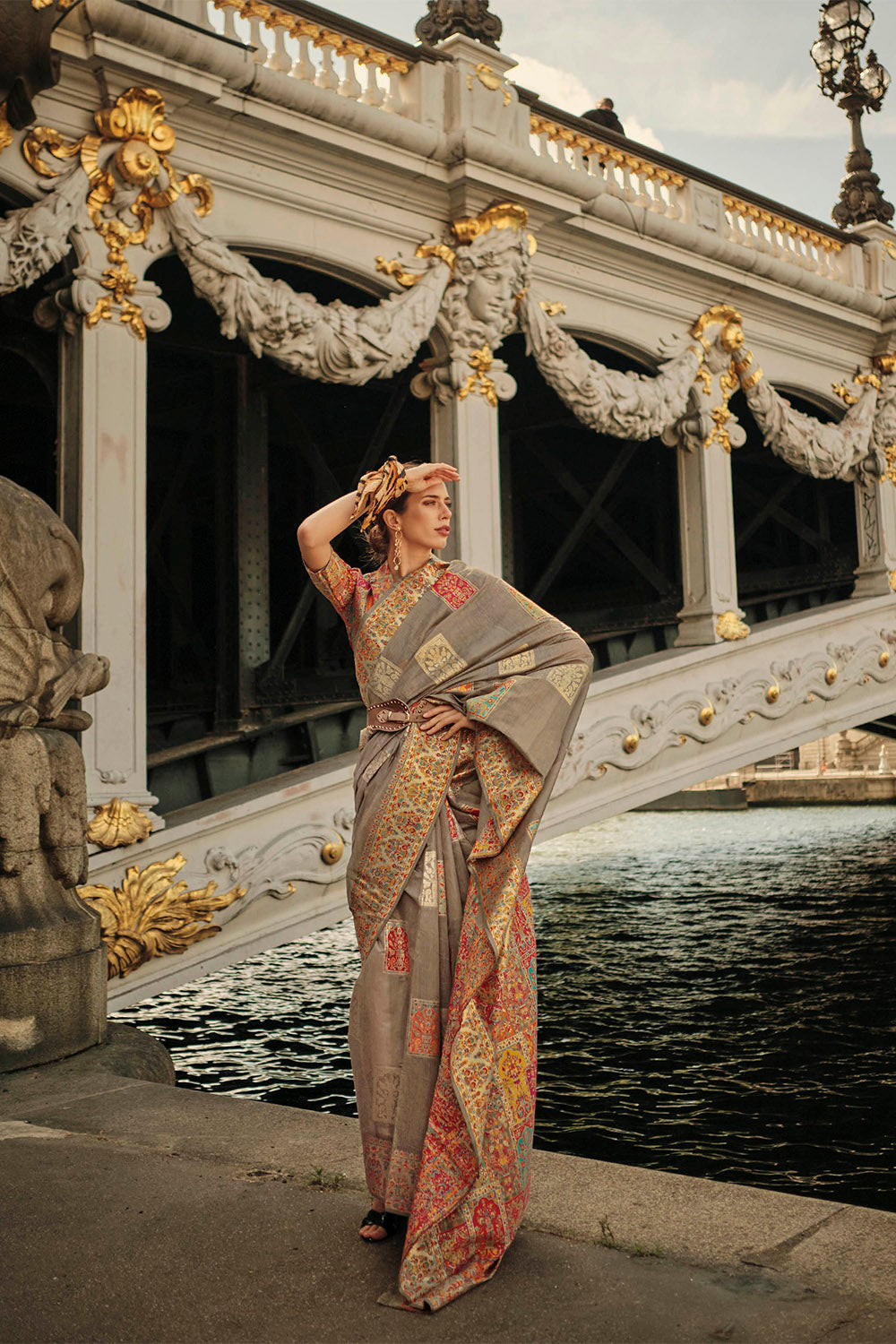 Ecru Yellow Kashmiri Silk Saree with Designer Same Colored Blouse