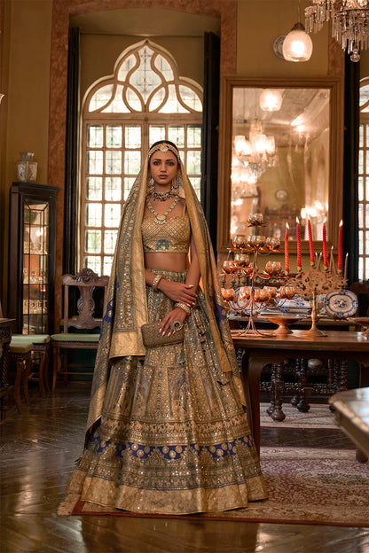 Champagne Golden Maharani Style Soft Silk Designer Lahenga Choli for Woman