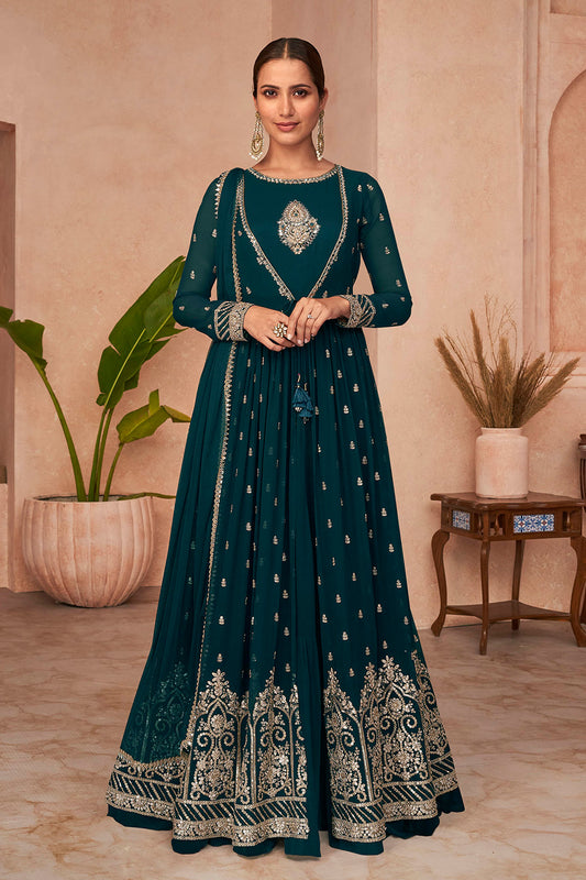 Sacramento Green Golden Embroidery Neck Palazzo Suit with Dupatta and Pants