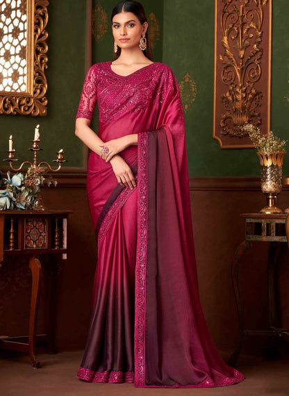 Burgundy Red & Black Shade Party Wear Saree with Pretty Red Blouse