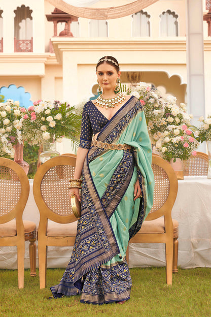 Baby Blue & Blue Ikkat Patola Saree with Designer Contrast Blouse